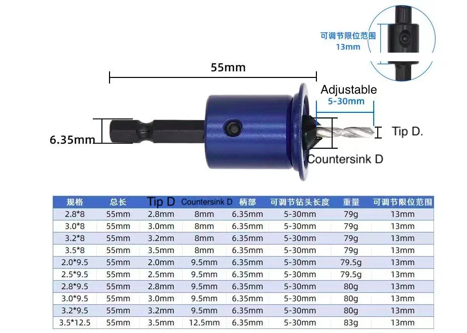 Blue Hex TCT Countersink Drill With Stopper Alloy Head Conical Step Drill With Screw Mounted Woodworking Drilling Bit
