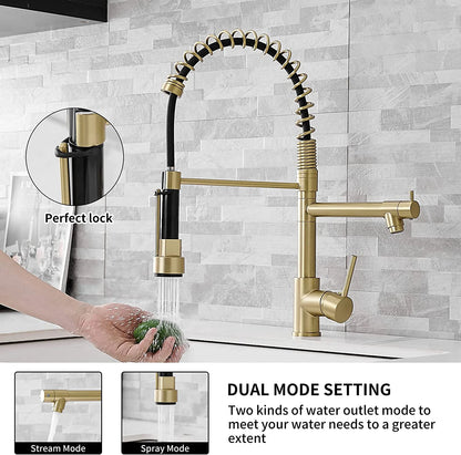 FAPULLY 360 Rotatable Single-Handle Kitchen Faucet Modern Contemporary Brass Sink Taps with Gold Ceramic Finish 2-Year Warranty