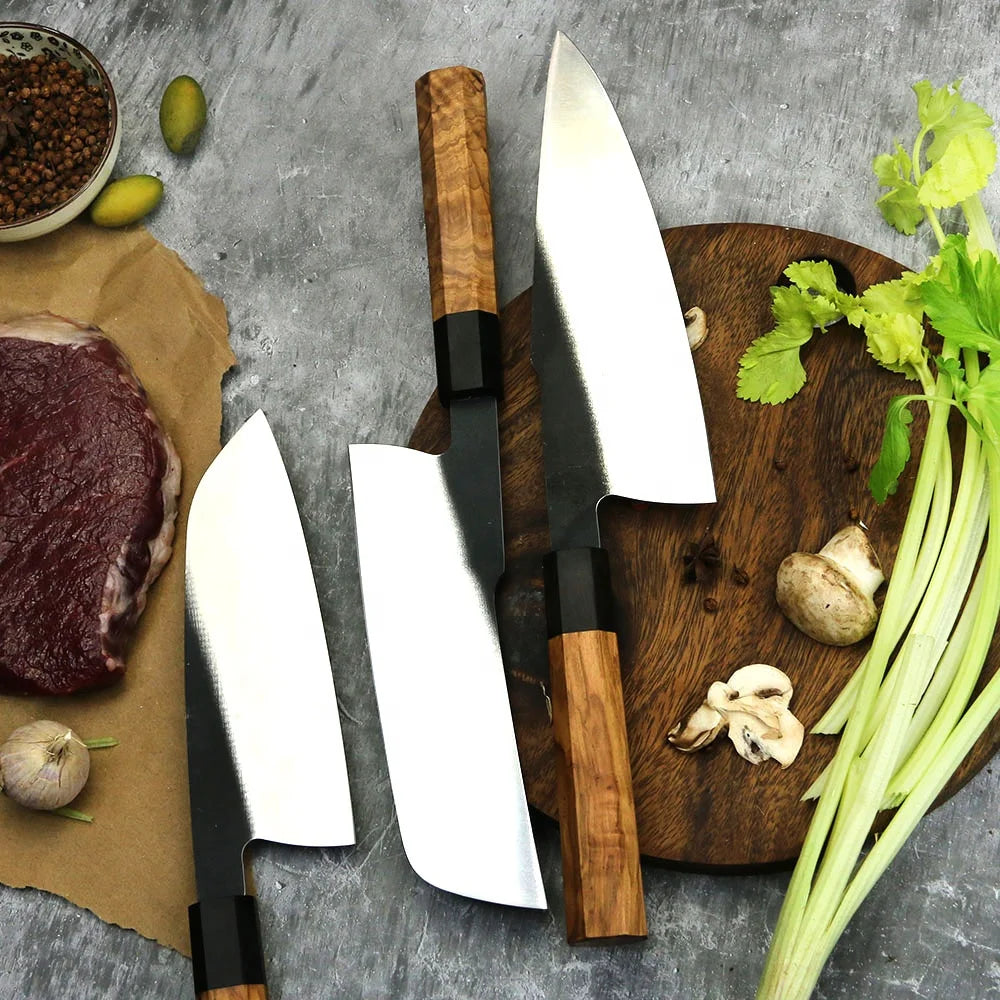 Octagon Wood Handle Korouchi Finish 440C High Carbon Stainless Steel Kitchen Chef Knife Set
