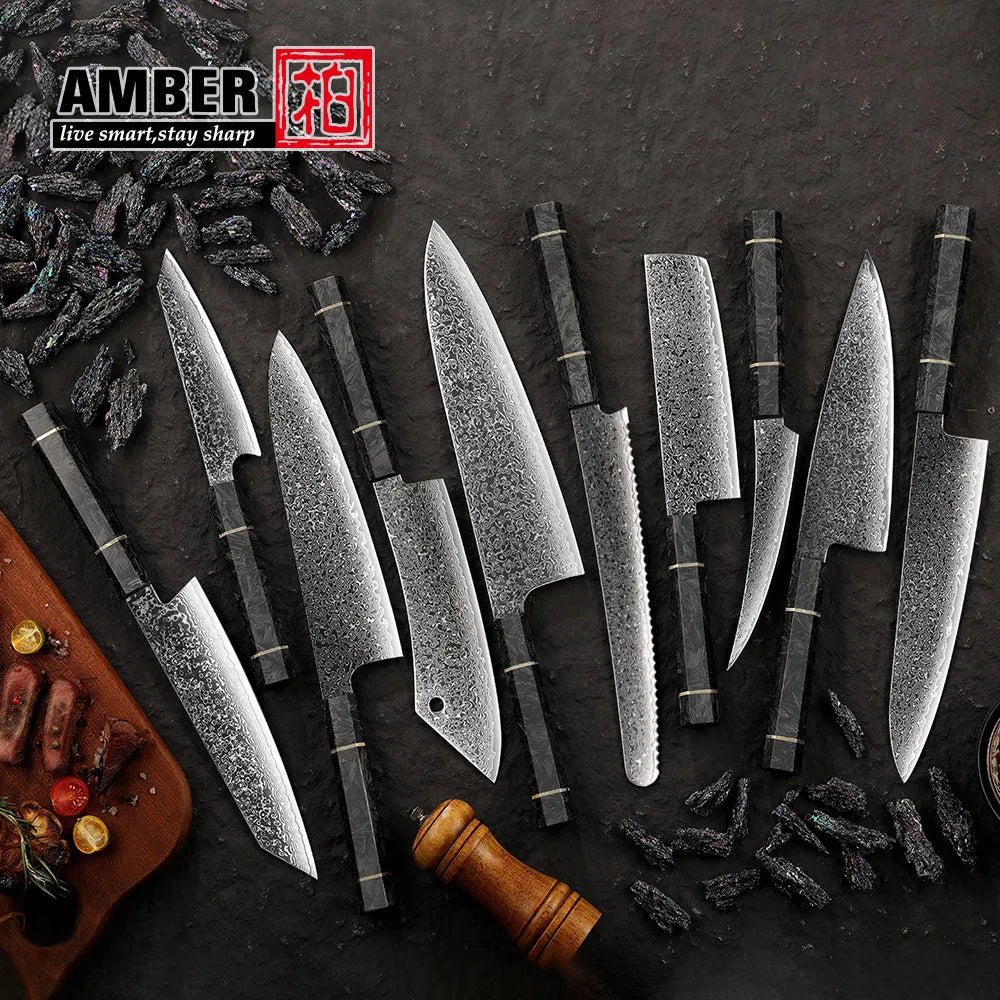 Amber Manufacturer Carbon Fiber Handle 67 Layers Vg10 Japanese Damascus Butcher Chef Kitchen Knife for Japanese