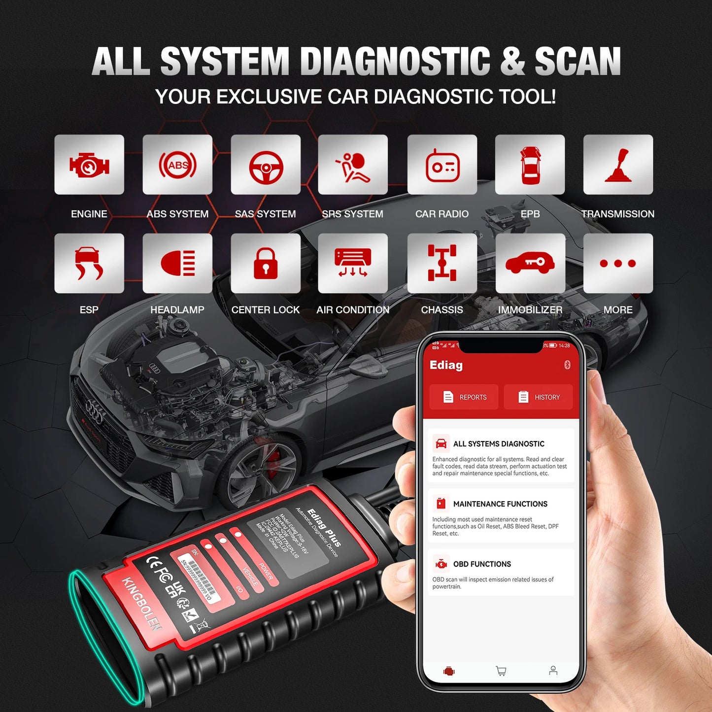 Ediag Plus 2025 Hot Full System Auto Diagnostic Scanner with CAN-FD Protocol 15 Reset Services ECU Coding OBD2 Scanner
