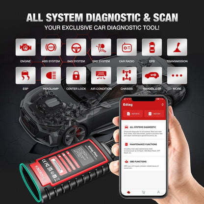 Ediag Plus 2025 Hot Full System Auto Diagnostic Scanner with CAN-FD Protocol 15 Reset Services ECU Coding OBD2 Scanner