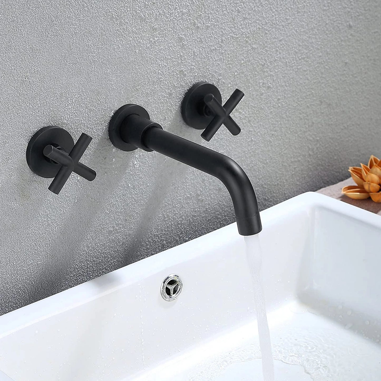 Modern 3 Hole Wall Mounted Hot Cold Water Tap Matt Black Finish Brass 2 Handle In-wall Wash Basin Mixer