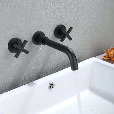 Modern 3 Hole Wall Mounted Hot Cold Water Tap Matt Black Finish Brass 2 Handle In-wall Wash Basin Mixer