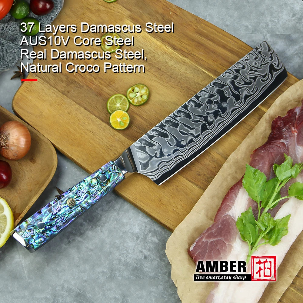 Meat Cleaver 7 Inch Custom Handmade Cleaver Abalone Shell Damascus Steel Knives