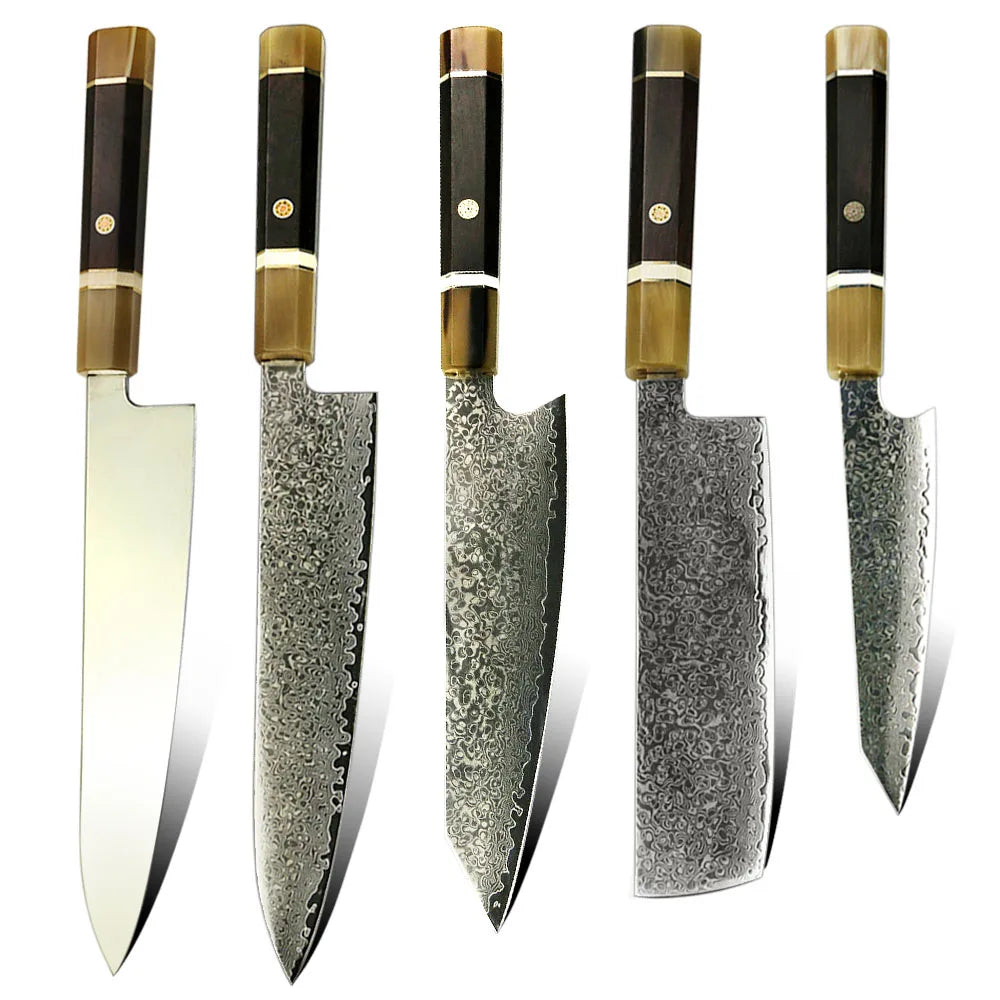 New Design 5 Pcs Damascus VG10 Steel 67 Layers Kitchen Knife Set with Black Ebony Handle, color - 7 inch Nakiri