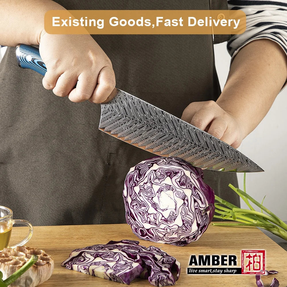 Amber Blue Handle Pakkawood Custom logo sharp 5pc Cooking Kitchen Knife Set Chef Knife Set Japanese Knifes Set