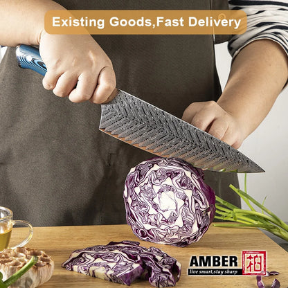 Amber Blue Handle Pakkawood Custom logo sharp 5pc Cooking Kitchen Knife Set Chef Knife Set Japanese Knifes Set