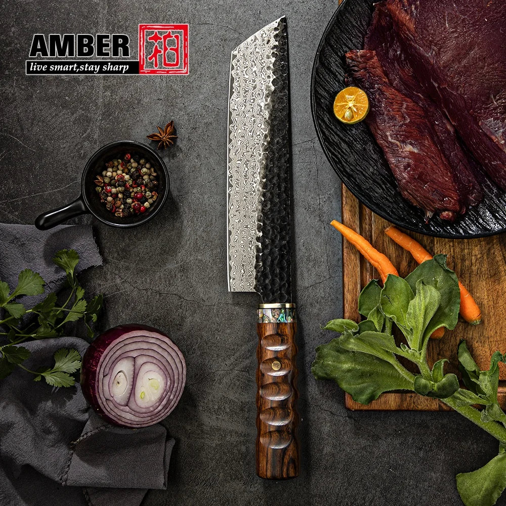 Amber Handcrafted 89 Layers Damascus Forged Blade Japanese Nakiri Knife Brass USA Desert Ironwood Handle