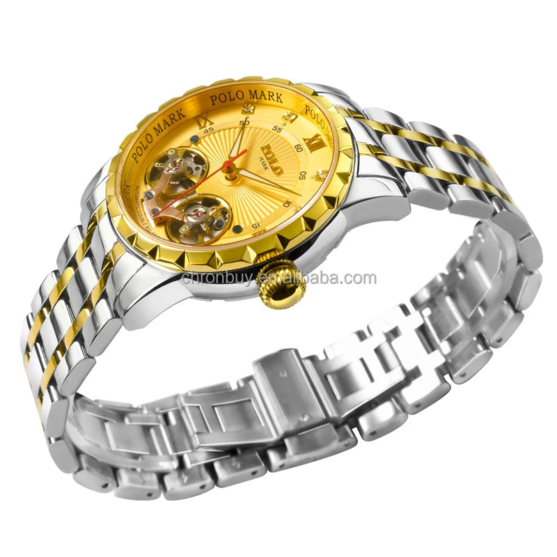 Jazz Double Tourbillon Diamond Automatic Mechanical Watch with Stainless Steel Band