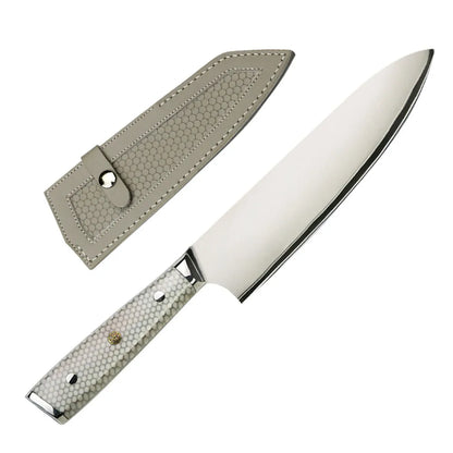 7 Layer Steel Damascus 10Cr15MoV Kitchen Knife Set with White Honey Comb Resin Full Tang