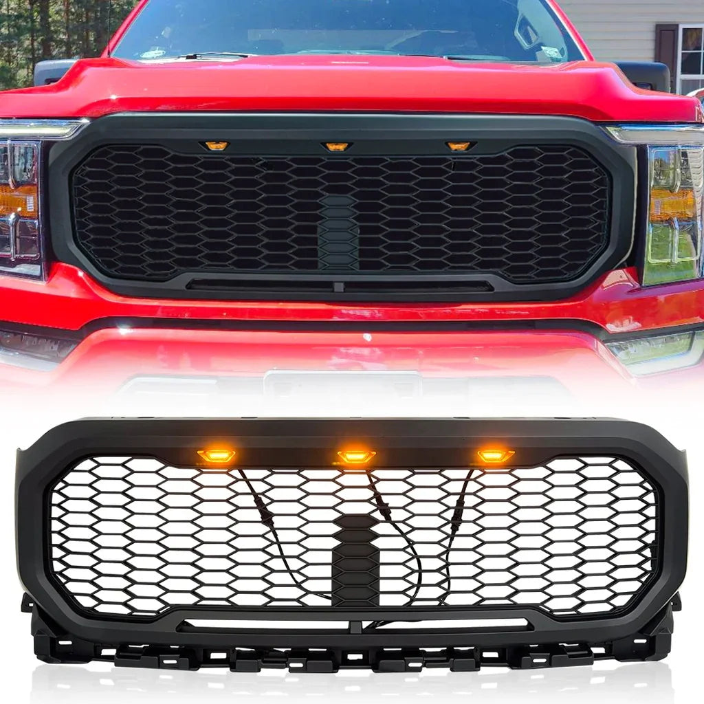 Grid Style Mesh Front Grille With Amber Lights for 2021-2022 Ford F150