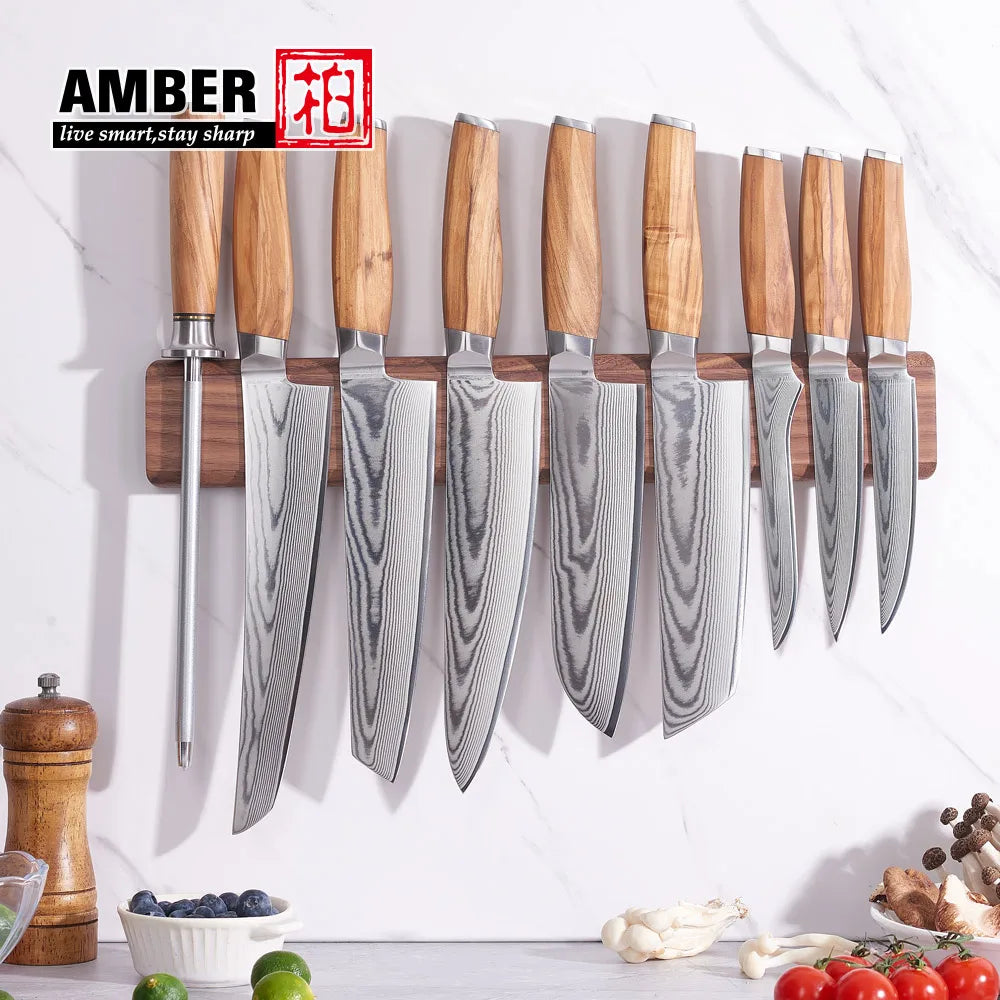 High Quality 67layers Vg10 Damascus Knife Set Olive Wood Handle Kitchen Knife Set with Magnetic Stand