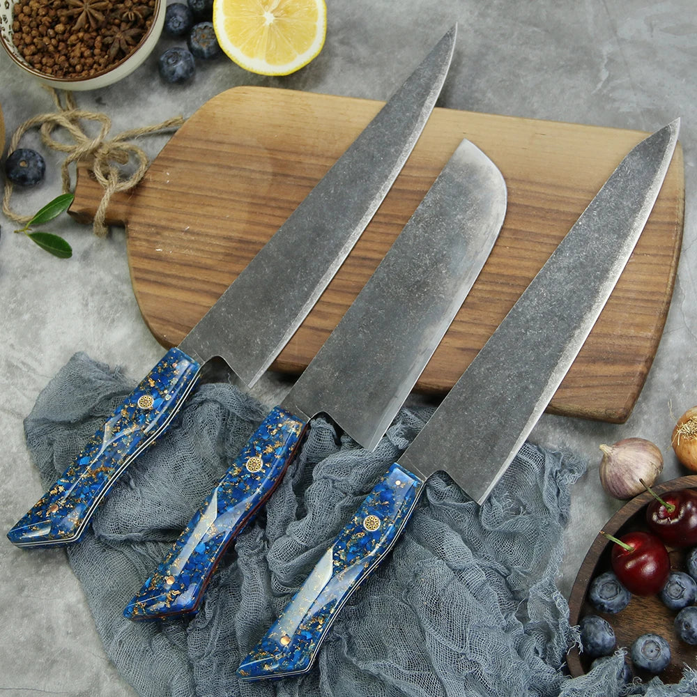 3 Pcs10Cr15MoV 7 Layer Steel Kitchen Knives Set Chef Knife with Full Tang with Resin Handle