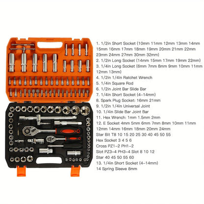 108-Pieces Auto Repair Mechanic Tool Set Impact Sockets Ratchet Wrenches Screwdriver Bits Hand Tools Home Use OEM Customizable