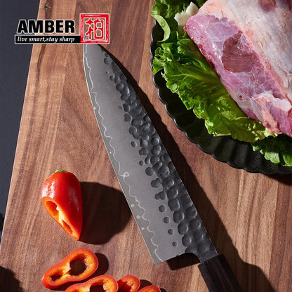 Amber Black Hammered Blade High-end Japanese Knife Aus10 High Carbon Steel Hand Forged Chef Knife with Wood Handle
