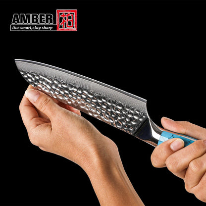 Amber Custom 8 Inch Hammered VG10 Damascus Steel Chef Knife with Blue Turquoise Stone Handle