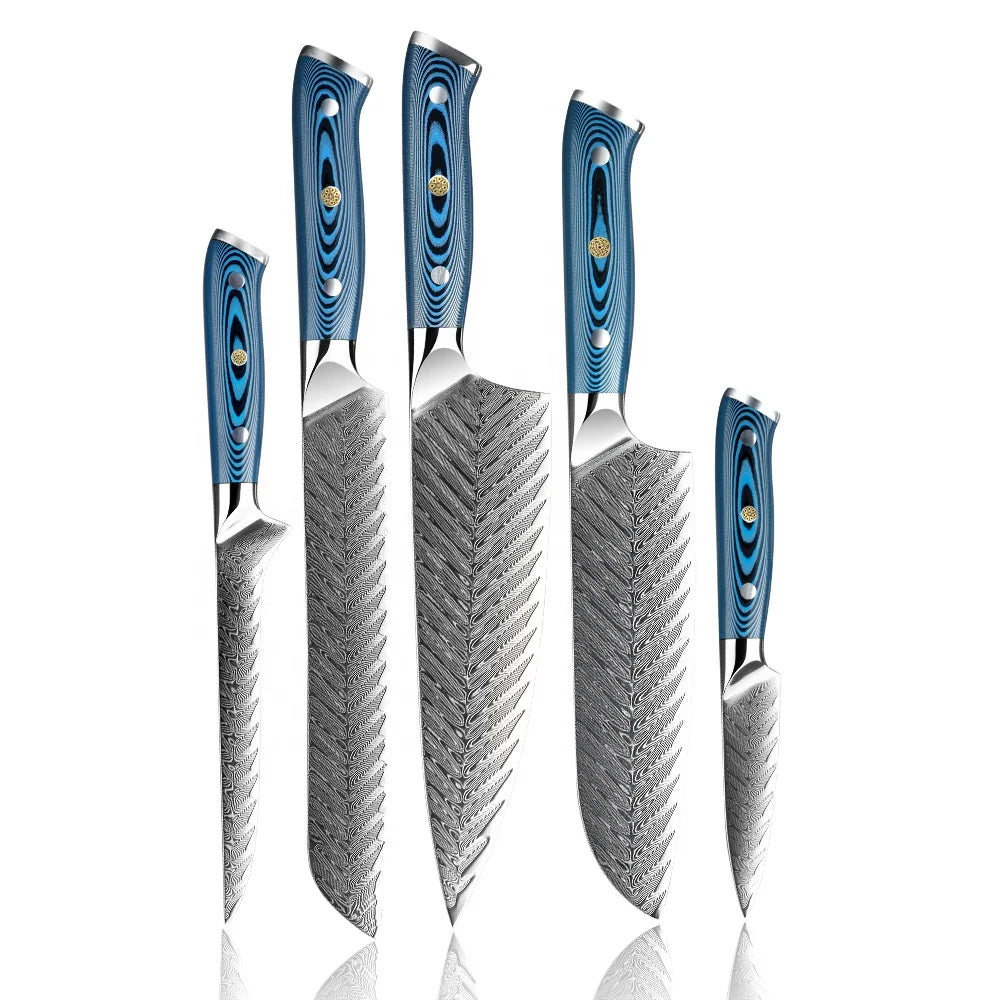 Amber Blue Handle Pakkawood Custom logo sharp 5pc Cooking Kitchen Knife Set Chef Knife Set Japanese Knifes Set