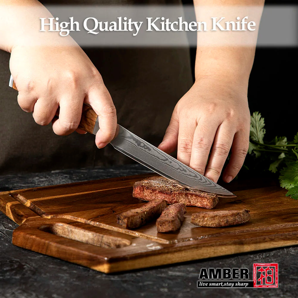 Amber Olive Wood Handle 6inch Professional Kitchen Knife Set Damascus Knife Set Steak Knife Set with Box