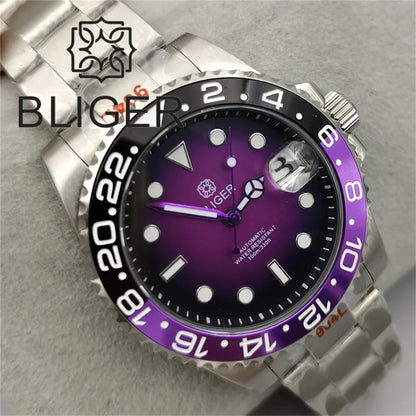 BLIGER 40mm Dive Watch for Men Black Purple Bezel Green Luminous Sapphire Glass Black Chapter Glow Black Purple Dial Waterproof