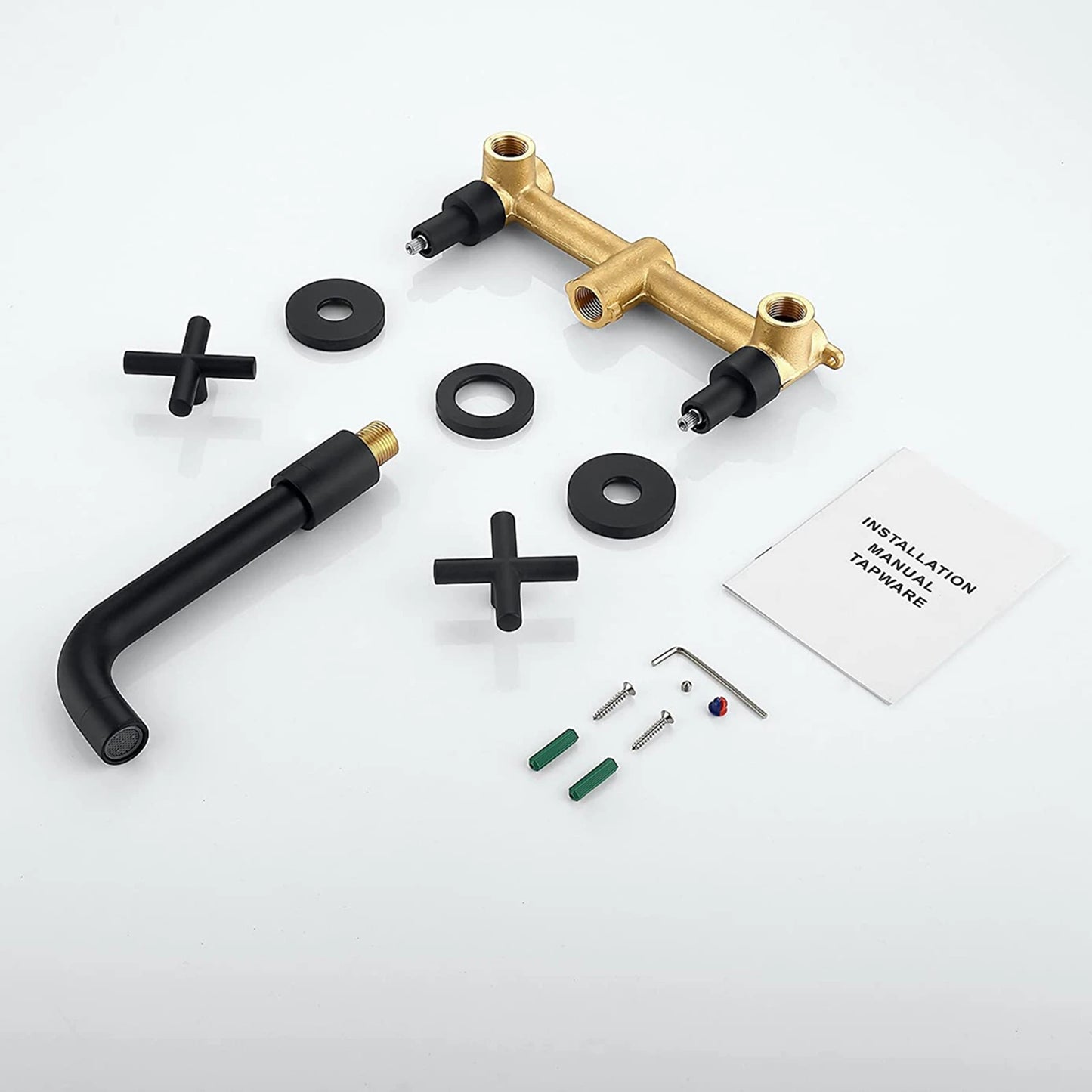 Modern 3 Hole Wall Mounted Hot Cold Water Tap Matt Black Finish Brass 2 Handle In-wall Wash Basin Mixer