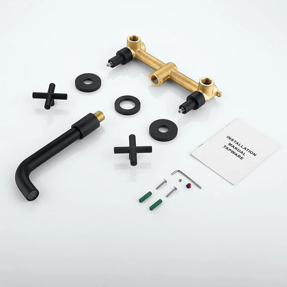 Modern 3 Hole Wall Mounted Hot Cold Water Tap Matt Black Finish Brass 2 Handle In-wall Wash Basin Mixer