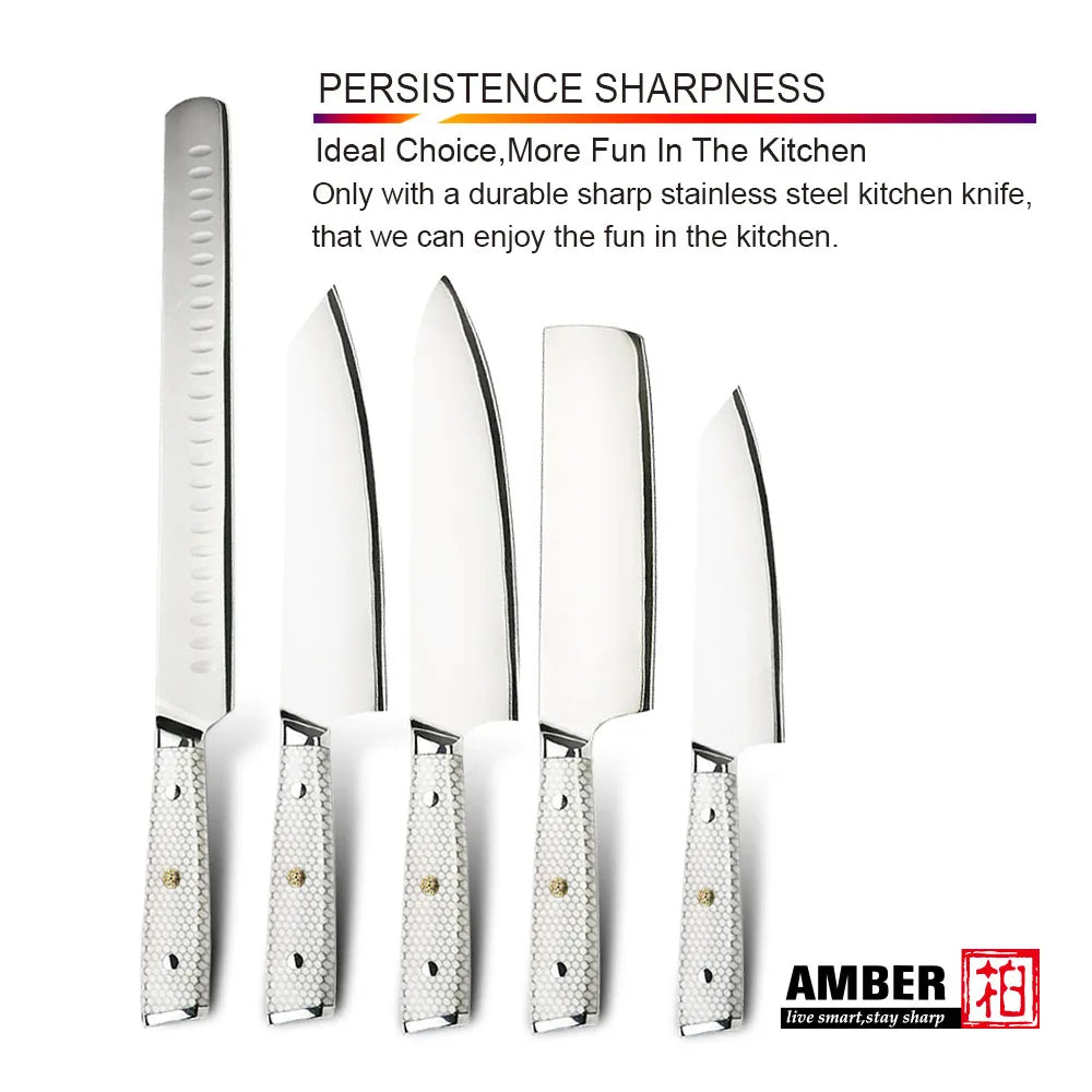 7 Layer Steel Damascus 10Cr15MoV Kitchen Knife Set with White Honey Comb Resin Full Tang