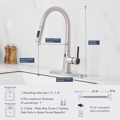 FLG Modern Black Kitchen Faucet Automatic Sensor Pull Water Tap with Ceramic Brass Two-Way Spray Single Handle