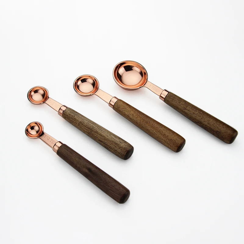 Kitchen Measuring Tools Cutlery Set Rose Gold Wooden Handle Stainless Steel Measuring Cups and Spoons Set