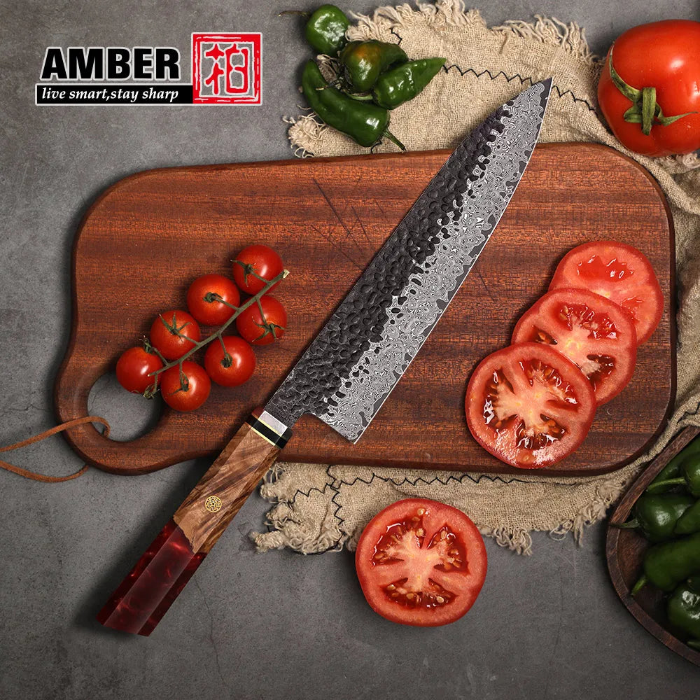 Amber Black Forged Blade Chefs Kitchen Knife Vg10 67 Layers Damascus Steel Japanese Chef Knife With Resin Handle