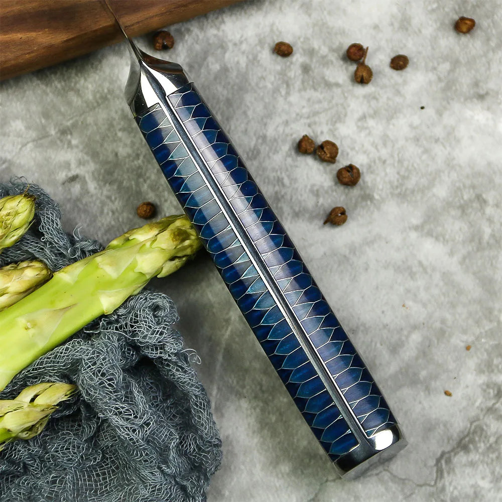 Amber 5 Inch Alligator Pattern AUS10V Damascus Steel Utility Knife with Honey Comb OliveWood Handle