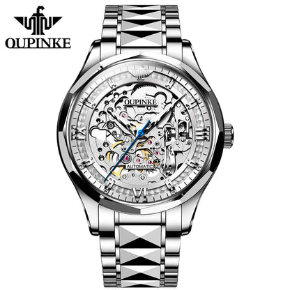 OUPINKE 3209 New Arrival Design High Quality Luxury Fashion Classic OEM Stainless Steel Mens Mechanical Skeleton Wrist Watches, Color - White