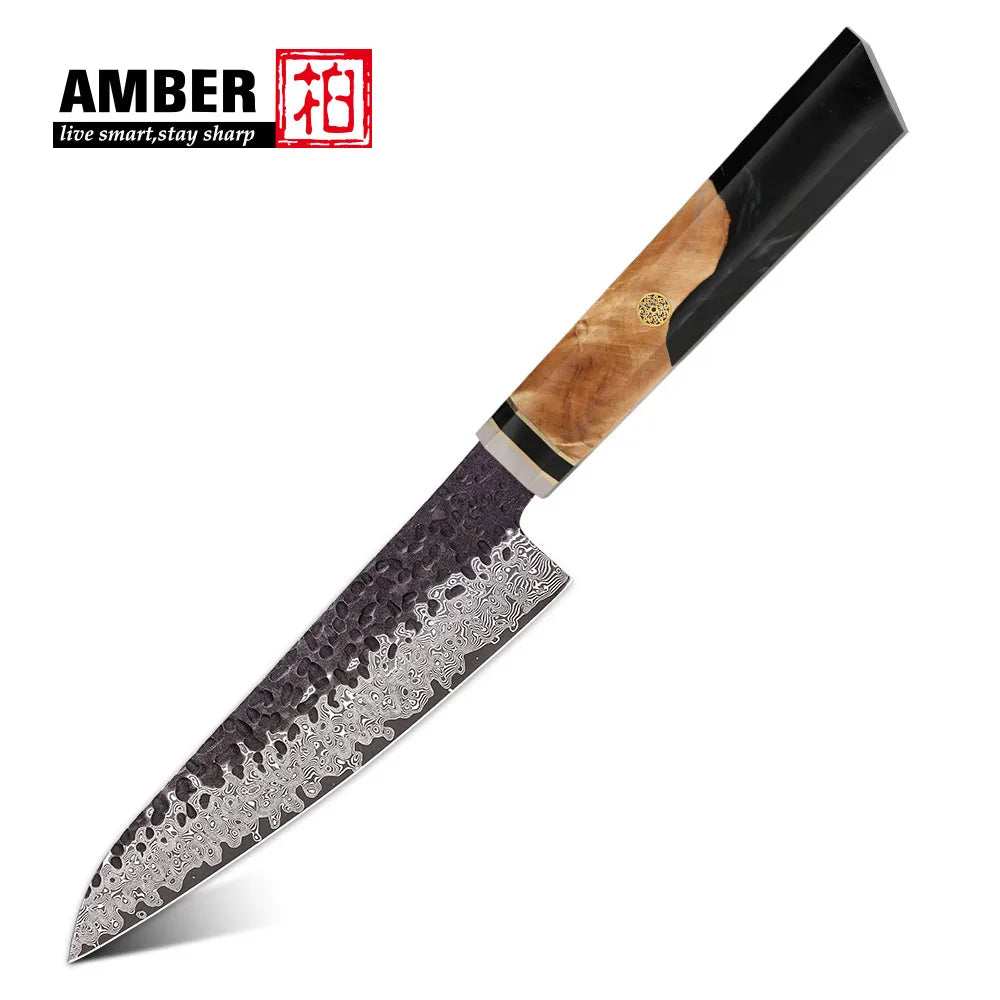 Amber Manufactucer Black Forged 8 Inch Vg10 Japanese Chef Knife Damascus Chef Knife with Resin Wood Handle