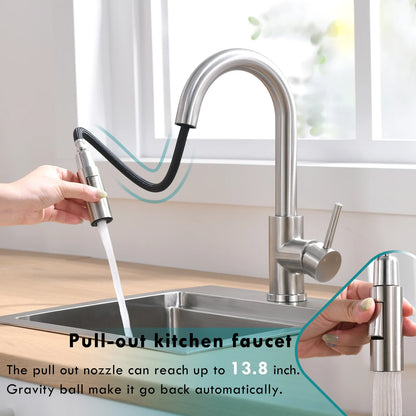 Modern Single-Handle 304 Stainless Steel Pull-Out Faucet Rotatable Design for Hotel Kitchen Use