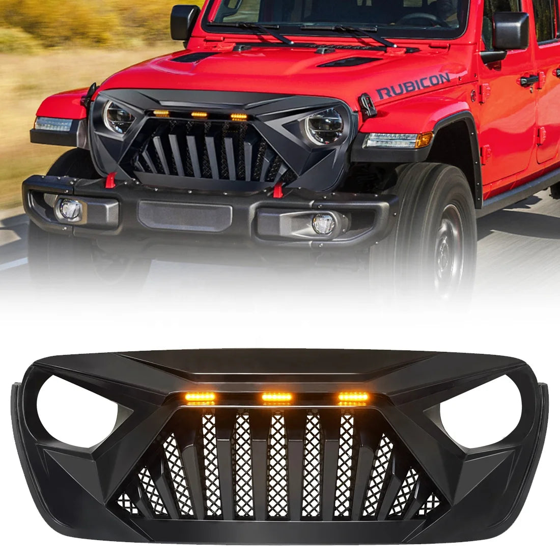 US STOCK Goliath Grille W/ Amber Led Running Lights for 18-23 Jeep Wrangler Jl & Gladiator Jt - Matte Black