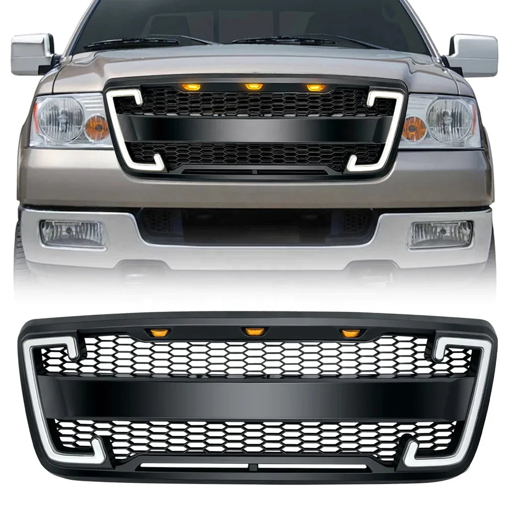US Stock Raptor Style Mesh Grille W/DRL & Turn Signal Lights for 2004-2008 Ford F150 - Matte Black