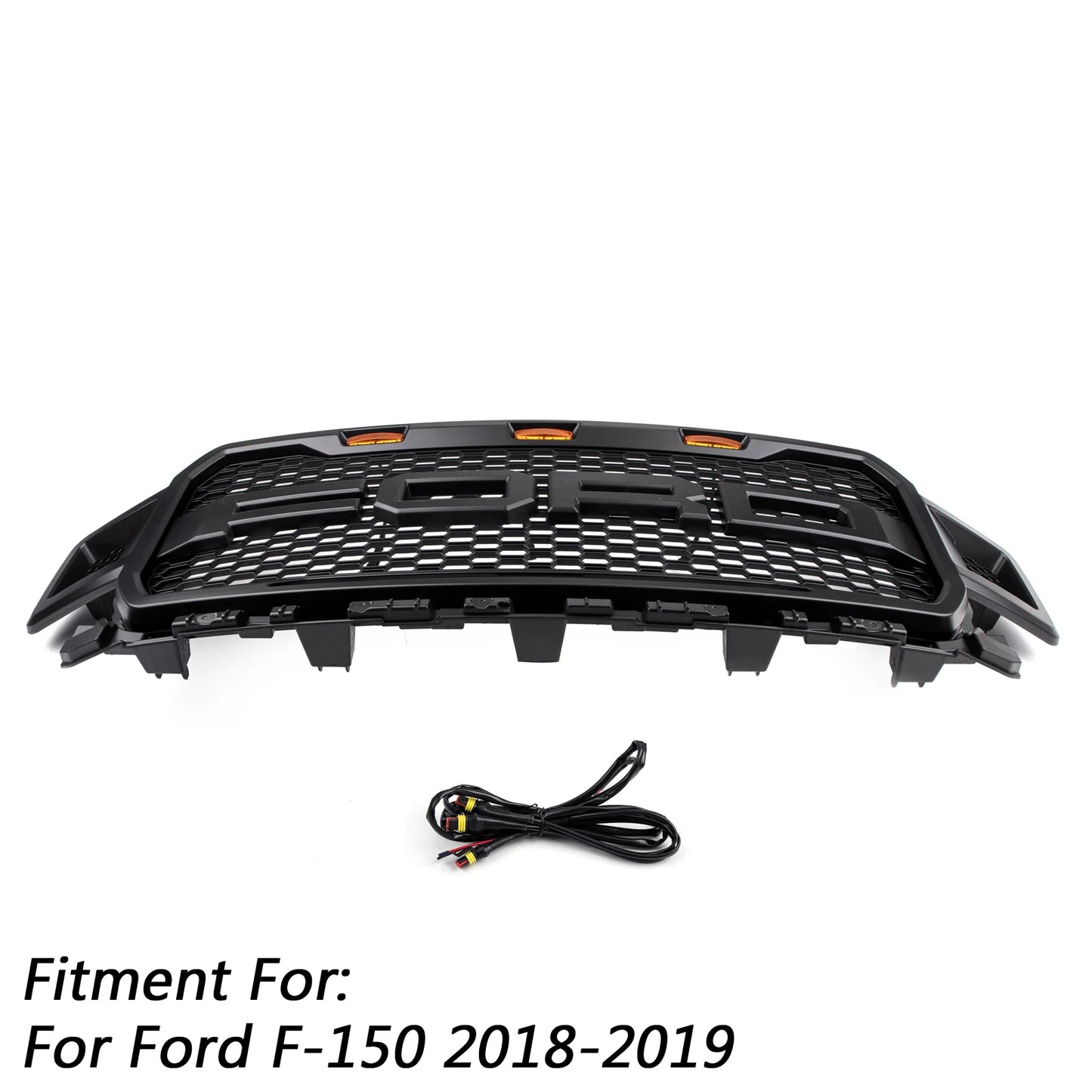 Raptor Style Black Amber LED Light Grill Grille Honeycomb for Ford F150 F-150 2018 2019 2020 With Logo