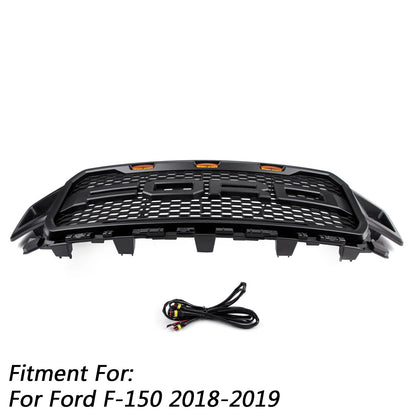 Raptor Style Black Amber LED Light Grill Grille Honeycomb for Ford F150 F-150 2018 2019 2020 With Logo