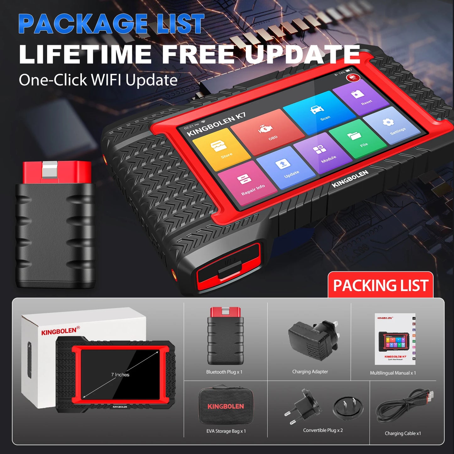 2025 Kingbolen Newest K7 Full System Car Diagnostic Tool 12V Vehicle OBD2 Scanner Auto ECU Coding Machine 31 Reset Service