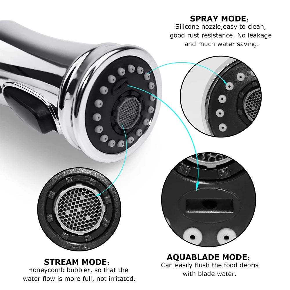 USA Stock Polished Chrome Pull Out Spray Head 3 Modes for Kitchen Sink Faucet Replacement Part Kitchen Tap Spout