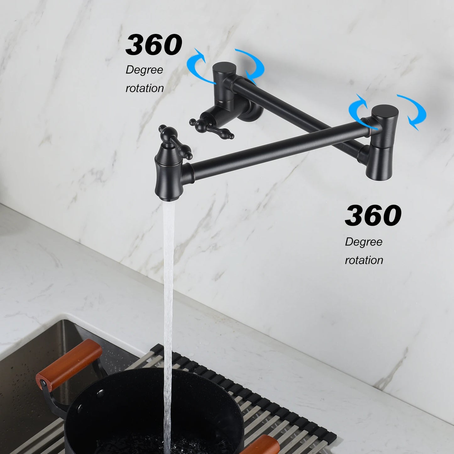 American Style Modern Wall Mounted Kitchen Faucet Black Brass Fold Tap Pot Filler Retractable Folding Contemporary Design