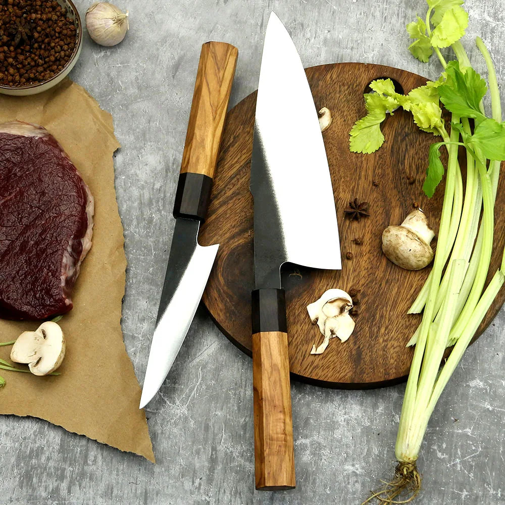 Yang Jiang Stainless Steel Knife 440c 9 Pcs Knives Set with Premium Nautral Olive Wood Handle