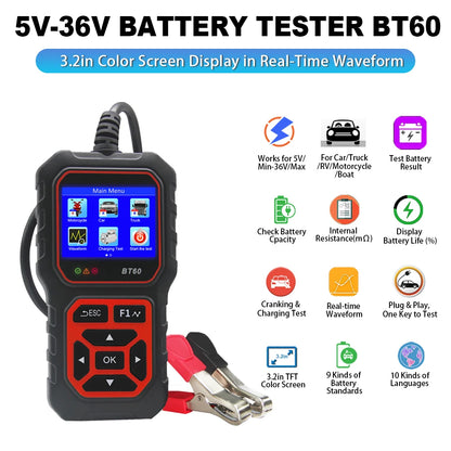 12V/24V BT60 Automotive Battery Tester Digital Auto Battery Analyzer for Car Truck Vehicle RV