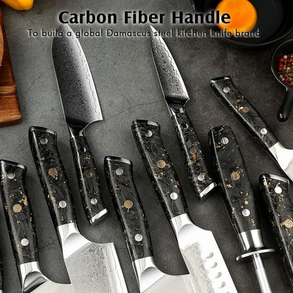 Amber Professional Carbon Fiber Handle 67layers VG10 Damascus Steel Bread Paring Boning Butcher Cleaver Knife Set with Sharpener