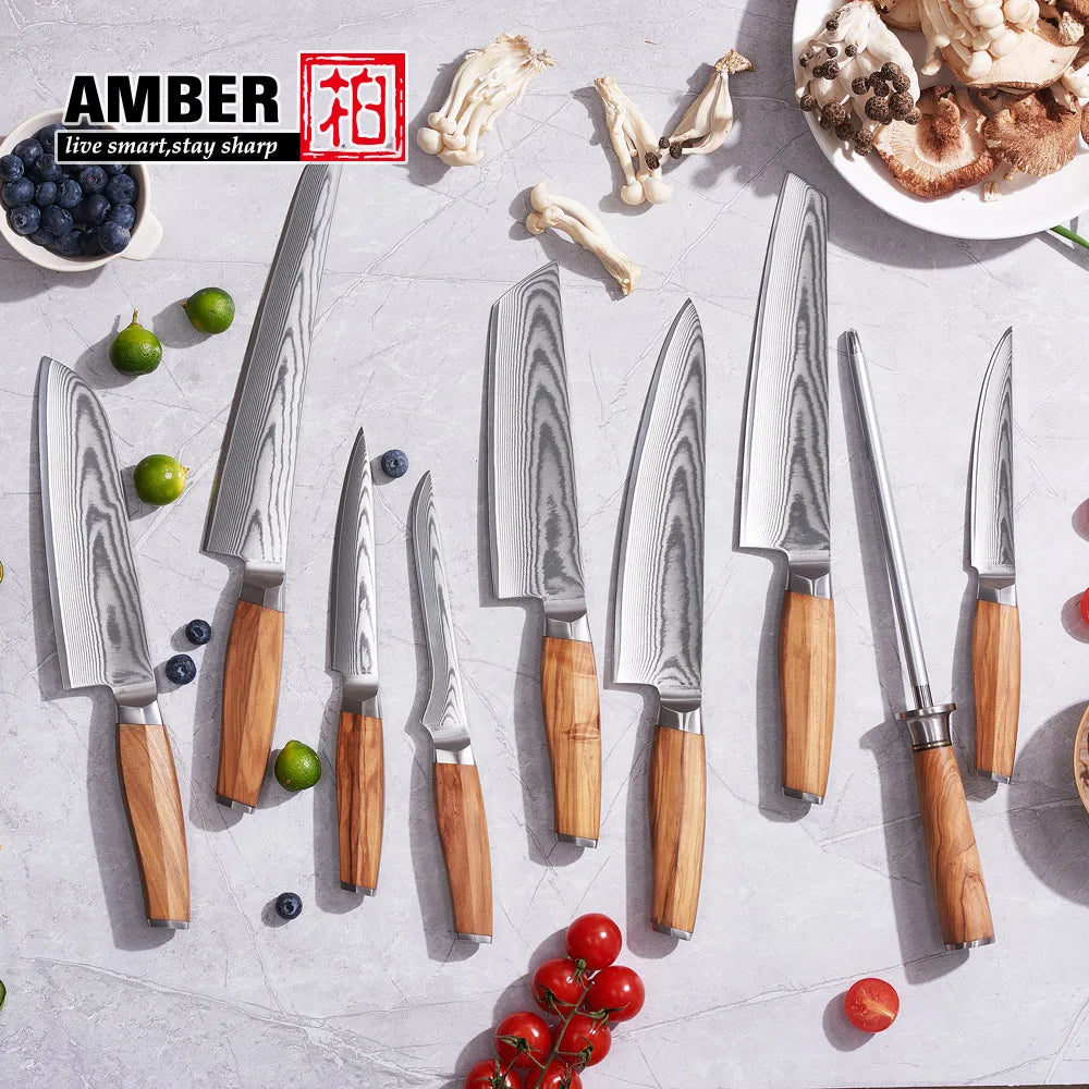 Amber Olive Wood Handle 67layers Damascus Kitchen Knife Damascus Chef Knife Vg10 Damascus Knife