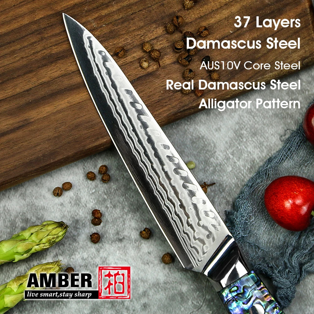 Amber 5 Inch Damascus 45 Layers Utility Knife with Abalone Handle