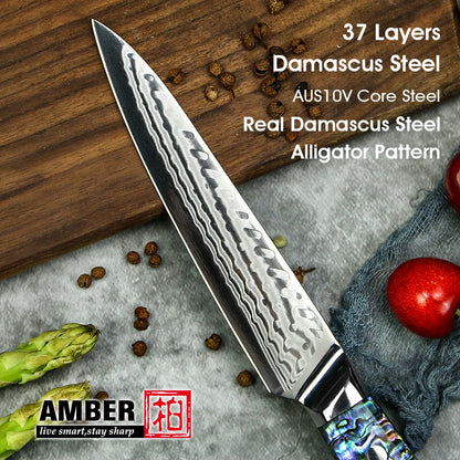 Amber 5 Inch Damascus 45 Layers Utility Knife with Abalone Handle