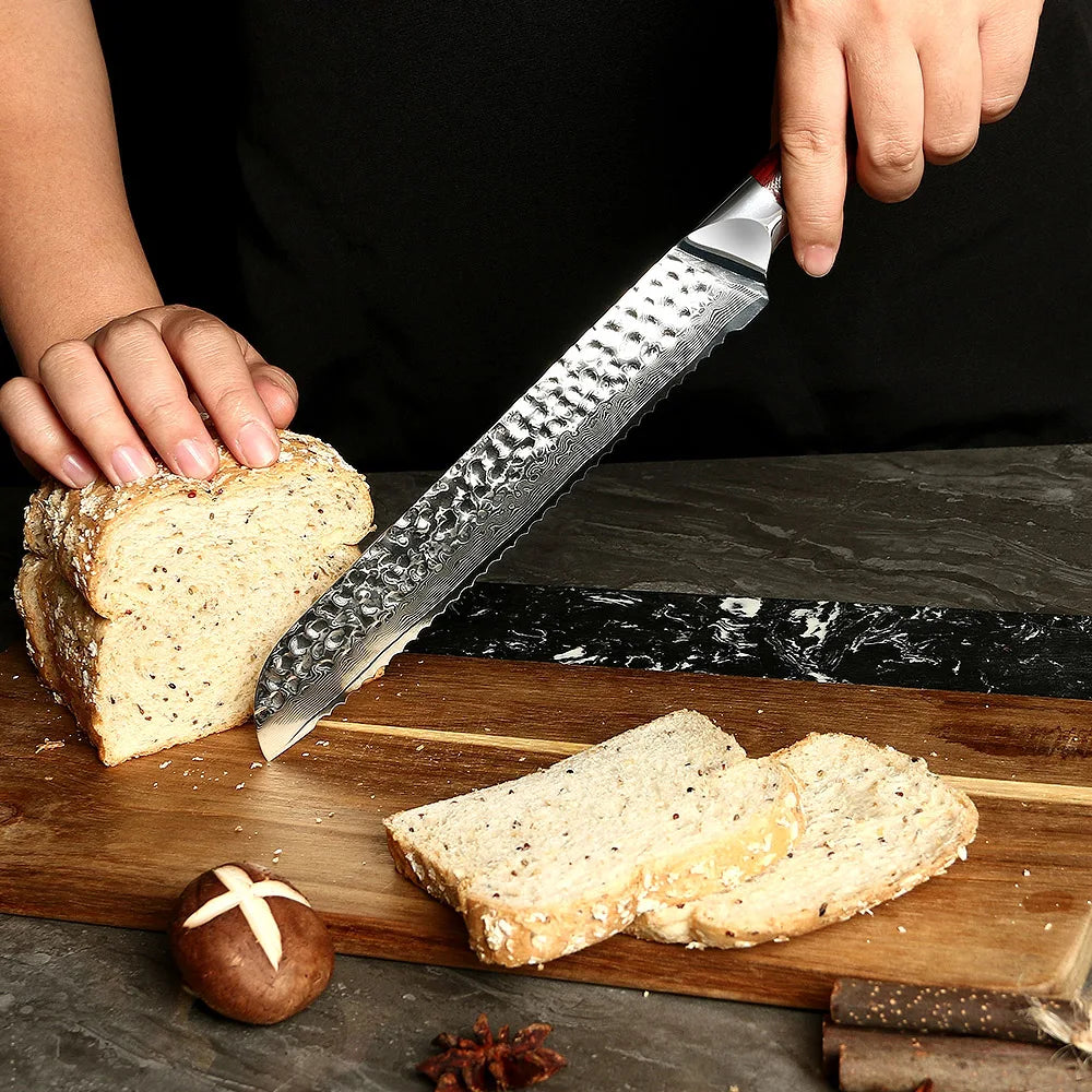 Amber Hammered Damascus Knife Bread Cake Knife Kitchen Knife