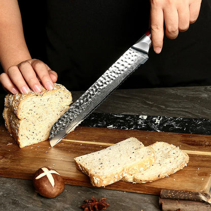 Amber Hammered Damascus Knife Bread Cake Knife Kitchen Knife