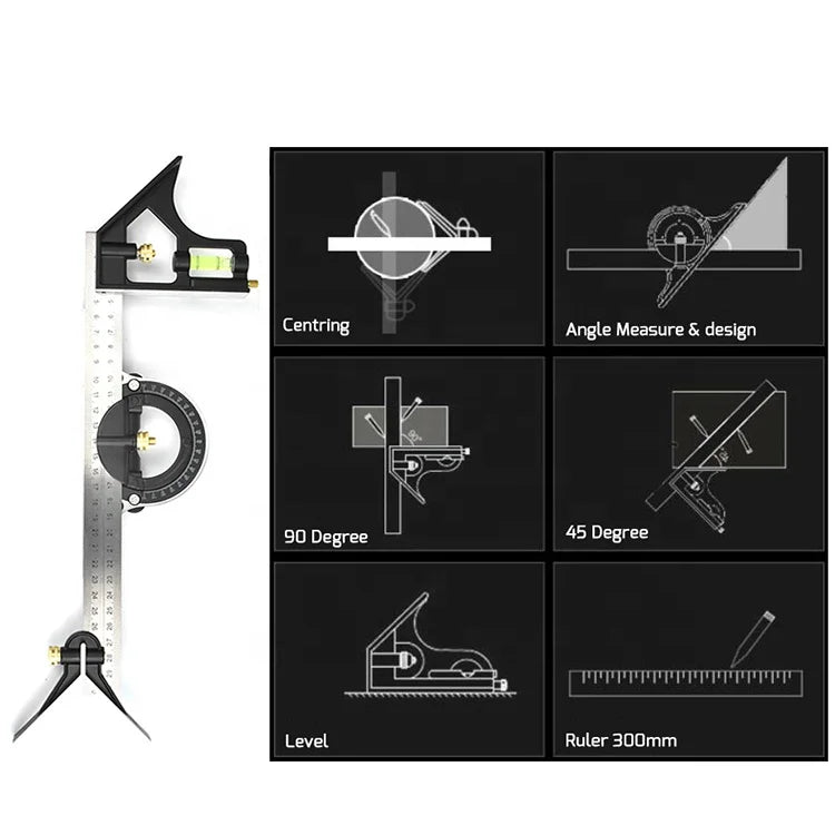 Combination Square Horizontal Square Stainless Steel Multi-Function Carpentry Squares Right 90 Degree Angle Ruler Woodworking, color - 12'' 300mm
